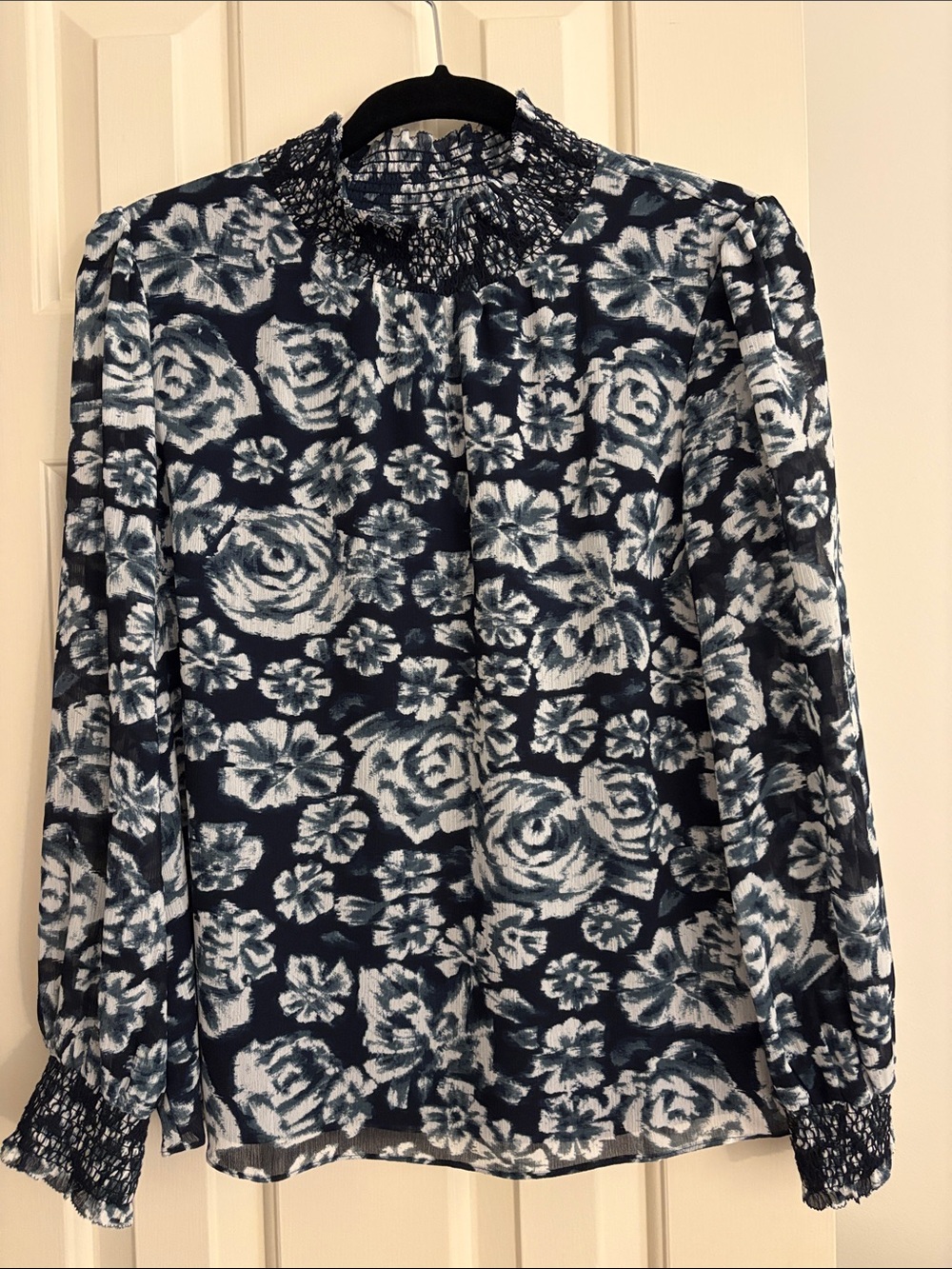 J. Crew Navy and White Floral Smocked-Neck Blouse